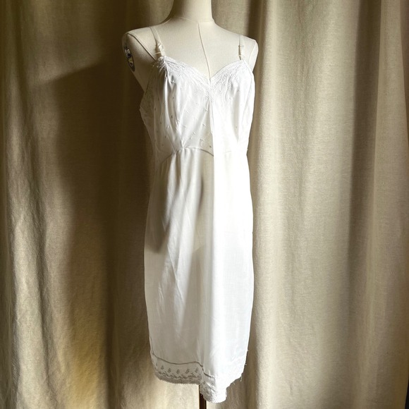 American Vintage Dresses & Skirts - Vintage White Embroidered Slip Dress Nylon Lingerie Midi Nightgown XS